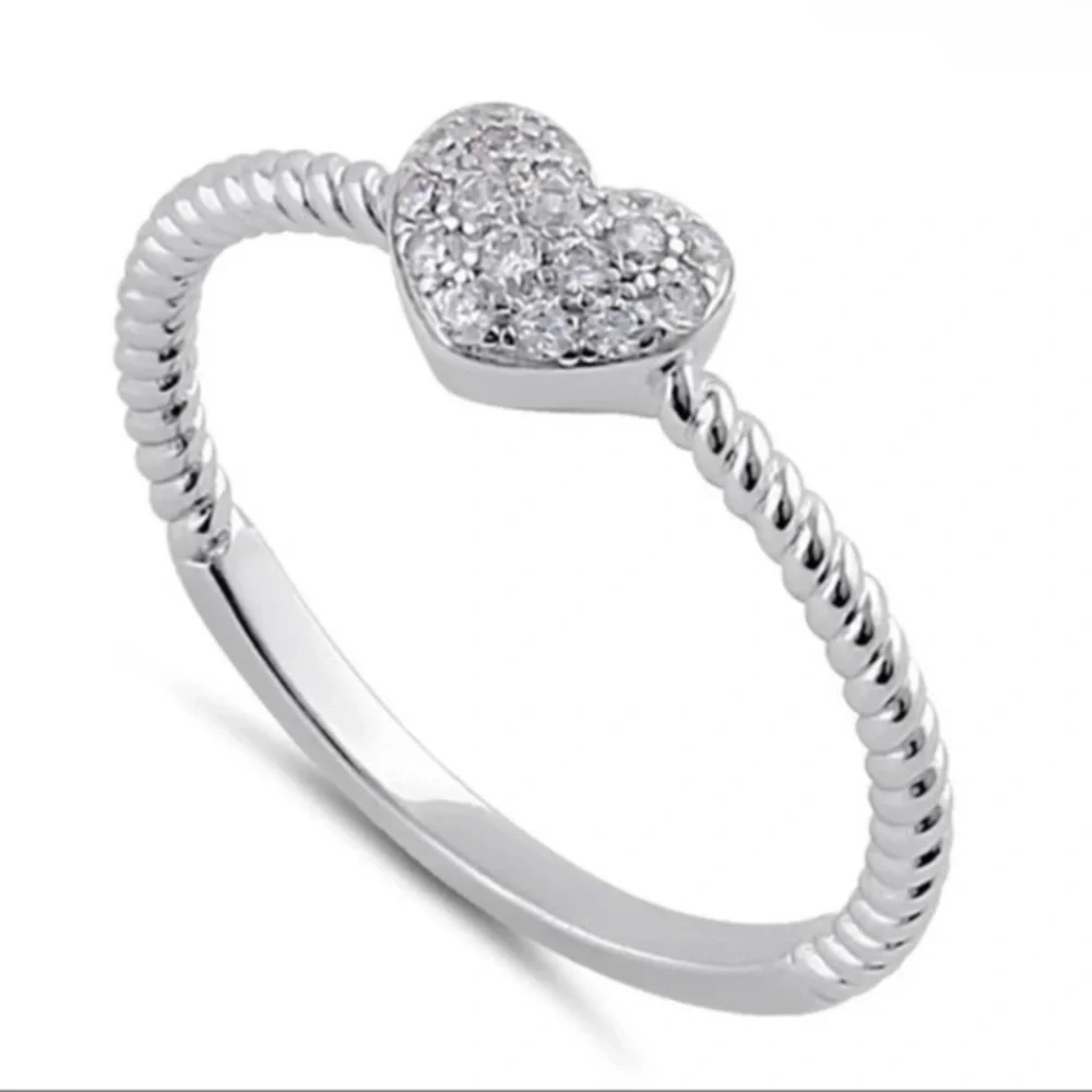 925 Sterling Silver Clear CZ Rope Heart Ring